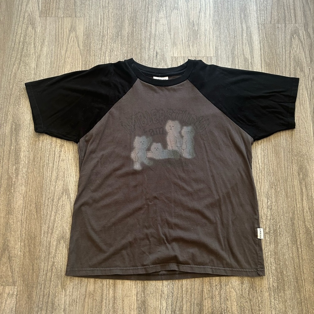 Raglan Graphic Tee with Cute Bear Design - Black & Charcoal